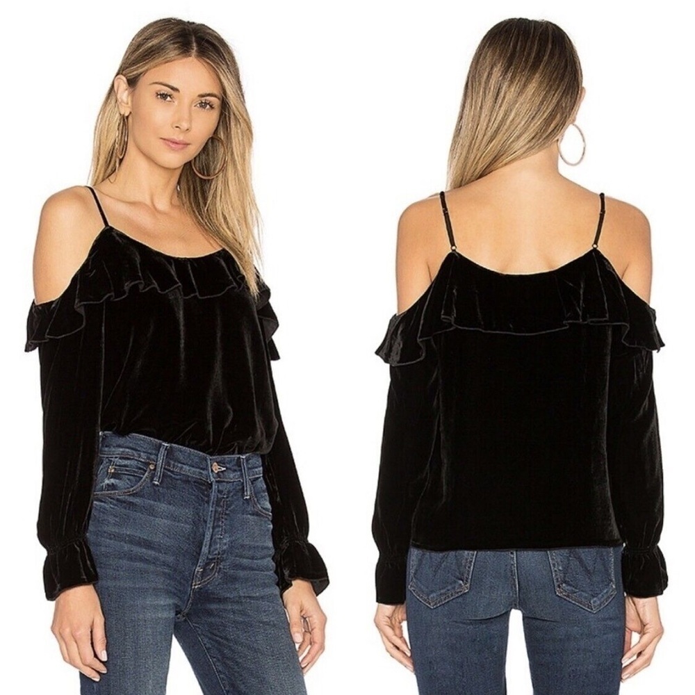 JOIE Alyse Black Velvet Blouse Cold Shoulder Womens XS Bell Velour